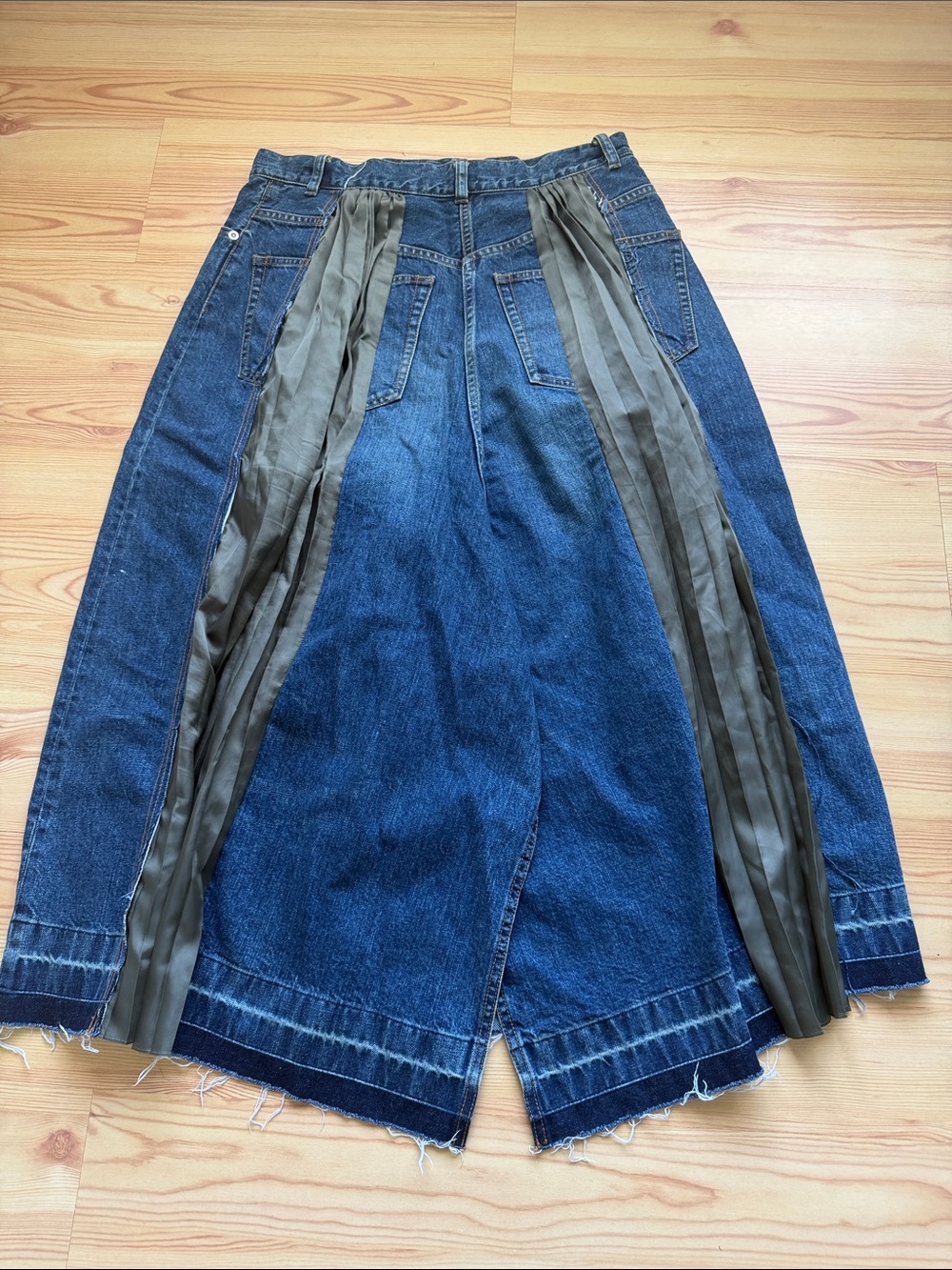 Sacai 3 Denim Panel Midi Skirt with Olive Pleated Insets - Picture 3 of 6